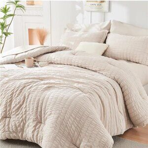 Beige King Size Comforter Set Seersucker 7 Pieces, All Season Luxury